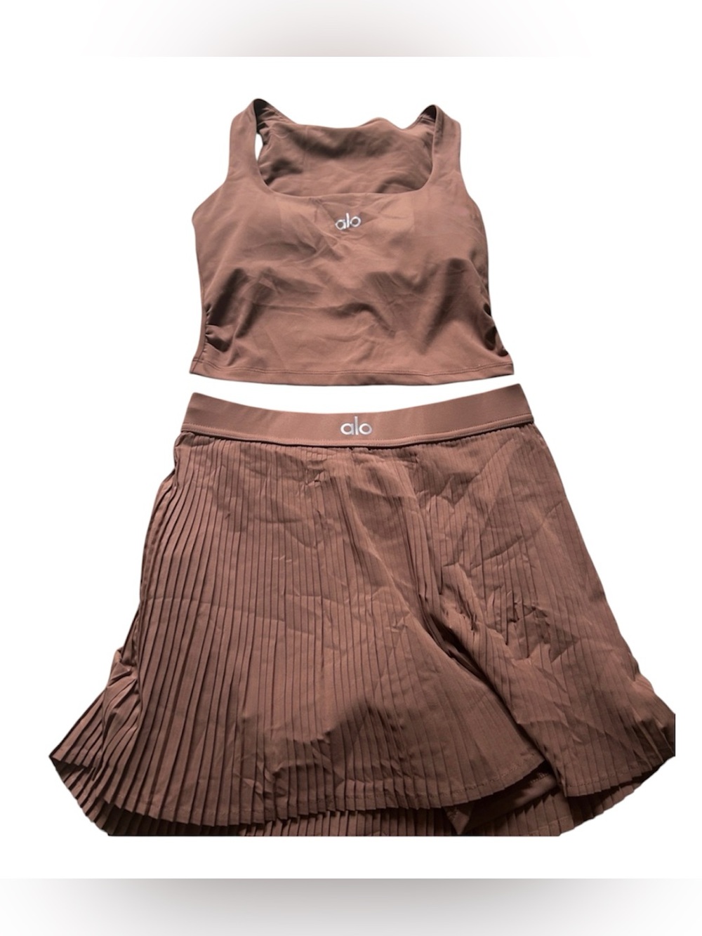 ALO Yoga Brown Pleated Skirt and Crop Tank Two-Piece Set